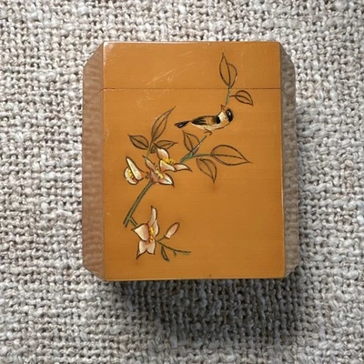Vintage HNA Hexagon Tea Caddy Bamboo Storage Bird Floral Storage Wood Box - Image 1 of 4