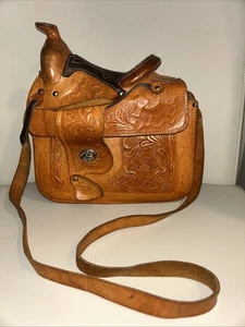 Western Saddle Purse, Handbag, Tooled Mexican Leather Horses dark brown saddle - Picture 1 of 9