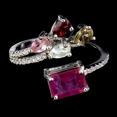 925 Sterling Silver Ring Octagon Ruby 8x6mm Tourmaline Gemstone Jewelry Size 8.5 - Image 1 of 4
