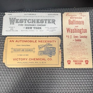 Old Automobile Advertising Victory Mist Polisher Fire Insurance PA Railroad 3pc - Picture 1 of 7