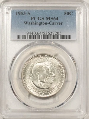 1953-S WASHINGTON-CARVER COMMEMORATIVE HALF PCGS MS-64 LOW MINTAGE, UNDERVALUED! - Image 1 of 3