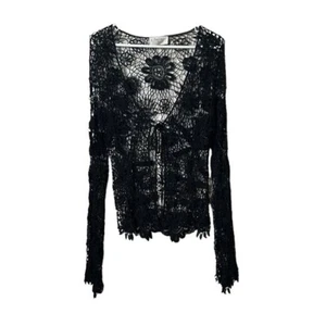 Vintage Kroshetta by Papillon Lace Crochet black floral tie front cardigan S/M - Picture 1 of 9