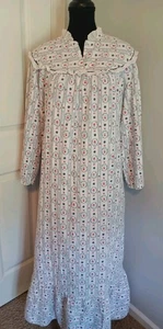 VTG Deidre nightgown cotton flannel long blue floral red hearts ruffle L GRANNY - Picture 1 of 8