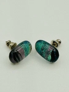Artisan Boho Dichroic Art Glass Oval Post Earrings Purple Black Blue Shimmer - Picture 1 of 6