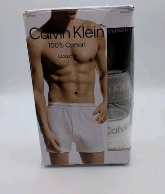 Calvin Klein Mens 3-Pack Knit Boxers Classic Fit 100% Cotton Blk/Gray/Wht Sz XL  - Image 1 of 4