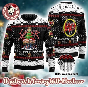 Slayer Band Members Big Bubble Head Funny With Snowflakes Ugly Sweater - Picture 1 of 2