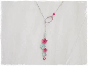 Floral Lariat Necklace Fuchsia Pink Flower Lariat Seafoam Blue Lariat Gemstone - Bild 1 von 10