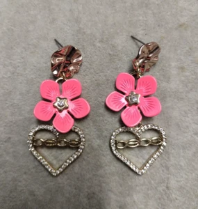 BEBE Pink Enamel Flower Crystal Pave Heart Drop Earrings - Picture 1 of 1