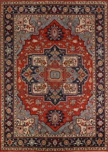 Heriz Serapi Orange/ Navy Blue Hand-Knotted Living Room Carpet in Wool 9x12 ft - Picture 1 of 18