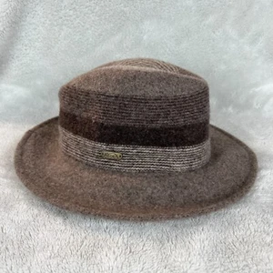 Adora Fedora Hat One Size Taupe Brown Wool Blend Felt Stripe Adjustable Casual - Picture 1 of 14