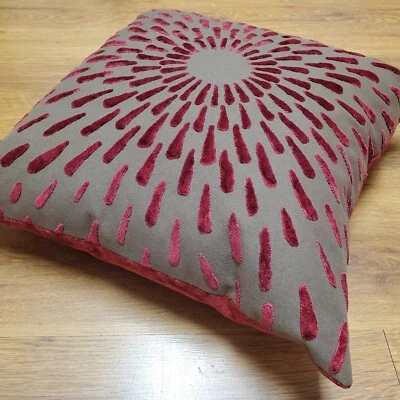 Vintage Crushed Red Velvet Throw Pillow Brutalist Sunburst Feather Down Fill 17" - Image 1 of 4