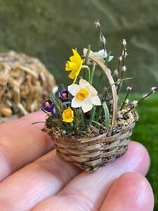 Vintage Artisan Miniature Dollhouse Basket of Handmade Flowers Spring Decor OOAK