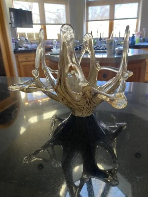 IMPRESIONANTE CUENCO DE VIDRIO DE ARTE ABSTRACTO SOPLADO A MANO DORADO Y MARRÓN DE Murano de colección 14" l Foto 1 de 4