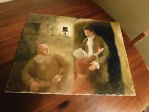 Colonial Pilgrims Girl Hugging Dad Original Impressionism Oil Painting Unsigned - Picture 1 of 6