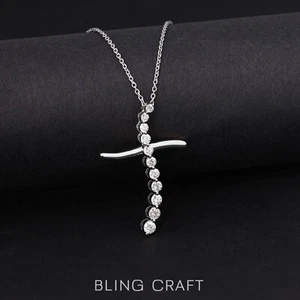 Colgante Cruz Mujer Moissanita Corte Redondo Plata Chapado en Oro 14k con Cadena 18" - Imagen 1 de 18