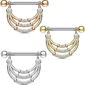 Pair of Lined CZ Set Center Triple Lined Dangle Steel Nipple Barbell Ring F139 