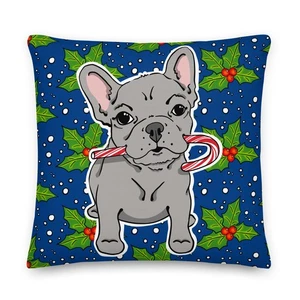Lilac French Bulldog Christmas Throw Pillow Holiday Dog Candy Cane Decor - Picture 1 of 12