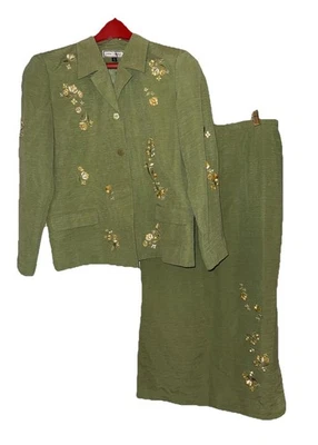 ANNA CAROLE 真丝亚麻刺绣 2 件套裙子套装长款西装铅笔尺寸 16 复古 — 第 1/4 张图片