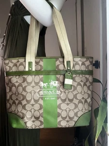 Retired Coach Signature Heritage Carriage Stripe Green/Khaki Tote - 11350 - Bild 1 von 8