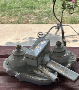 Rare Antique Dresden Style Porcelain Desk Set - Inkwells, Pen, Opener, Box - Picture 1 of 21