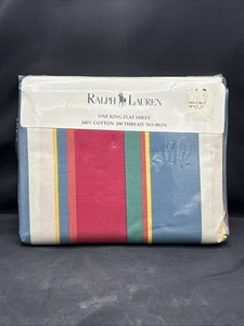 New Vintage Ralph Lauren Cape Red Stripe King Flat Sheet Cotton Made in USA - Picture 1 of 7