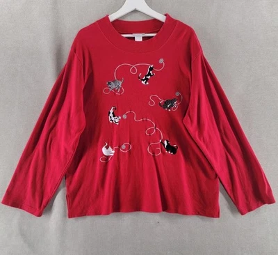 Bon Worth Shirt Womens XL Red Embroidered Cat Kitten Playing With Yarn T-Shirt - Image 1 of 4