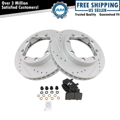 Front Posi Metallic Brake Pads & Performance Drilled Slotted Coated Rotors New - Image 1 of 4