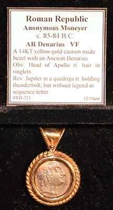 Genuine Ancient Roman Republic Silver Coin c. 85-84 B.C., set in 14K Yellow Gold - Picture 1 of 3