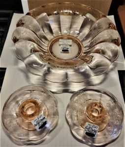 "Cupid" Pink 10.5" Console Bowl & Pair 5" Candles from Paden City Glass 1930s - Picture 1 of 9