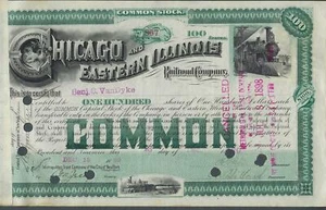 One 1889 Chicago & Eastern Illinois Railroad Stock Certificate - Read (FA101) - Picture 1 of 8