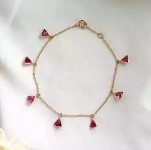 14K Yellow Gold Plated Silver 7" Trillion Ruby Tennis Bracelet Lab Created Pink - Picture 1 of 4
