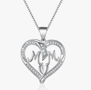 Silver Mom Heart Necklace – Mother’s Day Gift Jewelry for Mom from Daughter Son - Picture 1 of 2