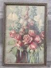 Vintage Mid Century  Framed Under Glass Shabby Pink Flower Bouquet  10 x 15