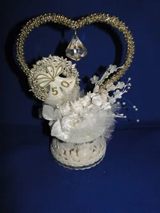 New 50th Wedding Anniversary Cake topper with Gold Bead Heart & White Floral #2 - Picture 1 of 10