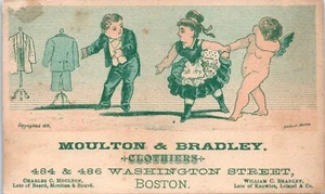 Dressing the Naked Cherub Moulton & Bradley Clothiers Trade Card Boston c.1878 - Picture 1 of 2