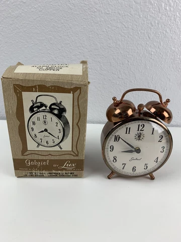 Vintage Copper Patina Twin Bell Gabriel Alarm Clock by LUX With Box FOR PARTS Cover