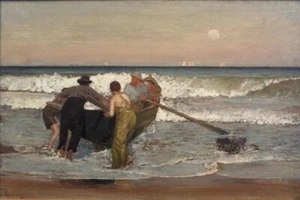 Pushing Off the Boat at Sea Bright Louis Comfort Tiffany 1887 – American Coastal - Picture 1 of 2