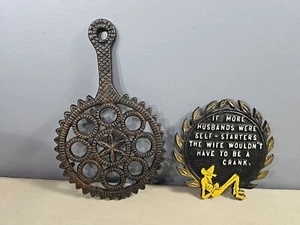 Vintage Black Cast Metal Trivets 2 Husbands Self Starters Wife Vintage Original - Picture 1 of 5