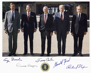 5 PRESIDENTS SIGNED 8X10 RICHARD NIXON G. FORD JIMMY CARTER RONALD REAGAN G BUSH - Picture 1 of 2