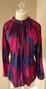 Blusa HALSTON Heritage Cuello Alto Plisado Estampado Gasa L Fucsia Tulipán $275 Nueva con Etiquetas - Imagen 1 de 11