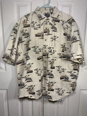 Mens Xl Puritan Safari Rhino Elephant Zoo Button Down Short Sleeve Shirt retro - Image 1 of 4