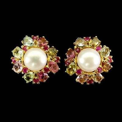 925 Sterling Silver Earrings Pear Tourmaline Ruby Pearl Natural Gemstone Jewelry - Image 1 of 4