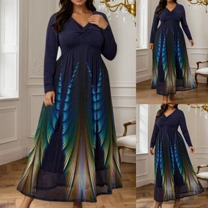 Plus Size Womens Long Sleeve V Neck Long Maxi Dress Evening Party Swing Dress - Picture 1 of 13