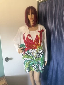 Diane Gilman 100% Silk Tunic & Tank Top Set 1X Sequin Floral Buttons 90s - Picture 1 of 14