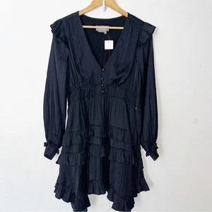 NWT By Anthropologie Black Satin Tiered Ruffled Mini Dress Sz S Babydoll Boho - Picture 1 of 11