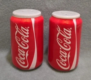 Ceramic Coke Coca-Cola Salt & Pepper Shaker Set Red 4" Can Picnic with Stoppers - Picture 1 of 8
