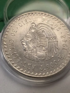 1948 MEXICO 5 "Cinco" PESOS, Big 30g Cuauhtémoc Aztec Silver Coin - Picture 1 of 14