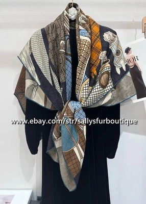 Sallys Quality Cashmere & Silk Jacquard Horse Check Print 2 Face Shawl Scarf 53" - Image 1 of 4