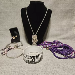 6 Pc. Mixed Lot Of Purple & Silver Tone Necklaces Earrings Bracelets  - Picture 1 of 12