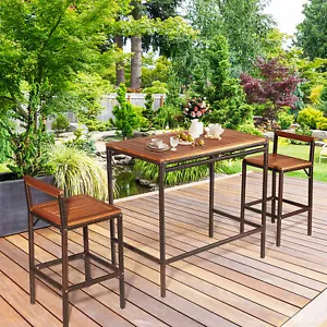 3PCS Patio Bar Set Dining Set Outdoor Furniture Set w/ Wooden Tabletop - Picture 1 of 10